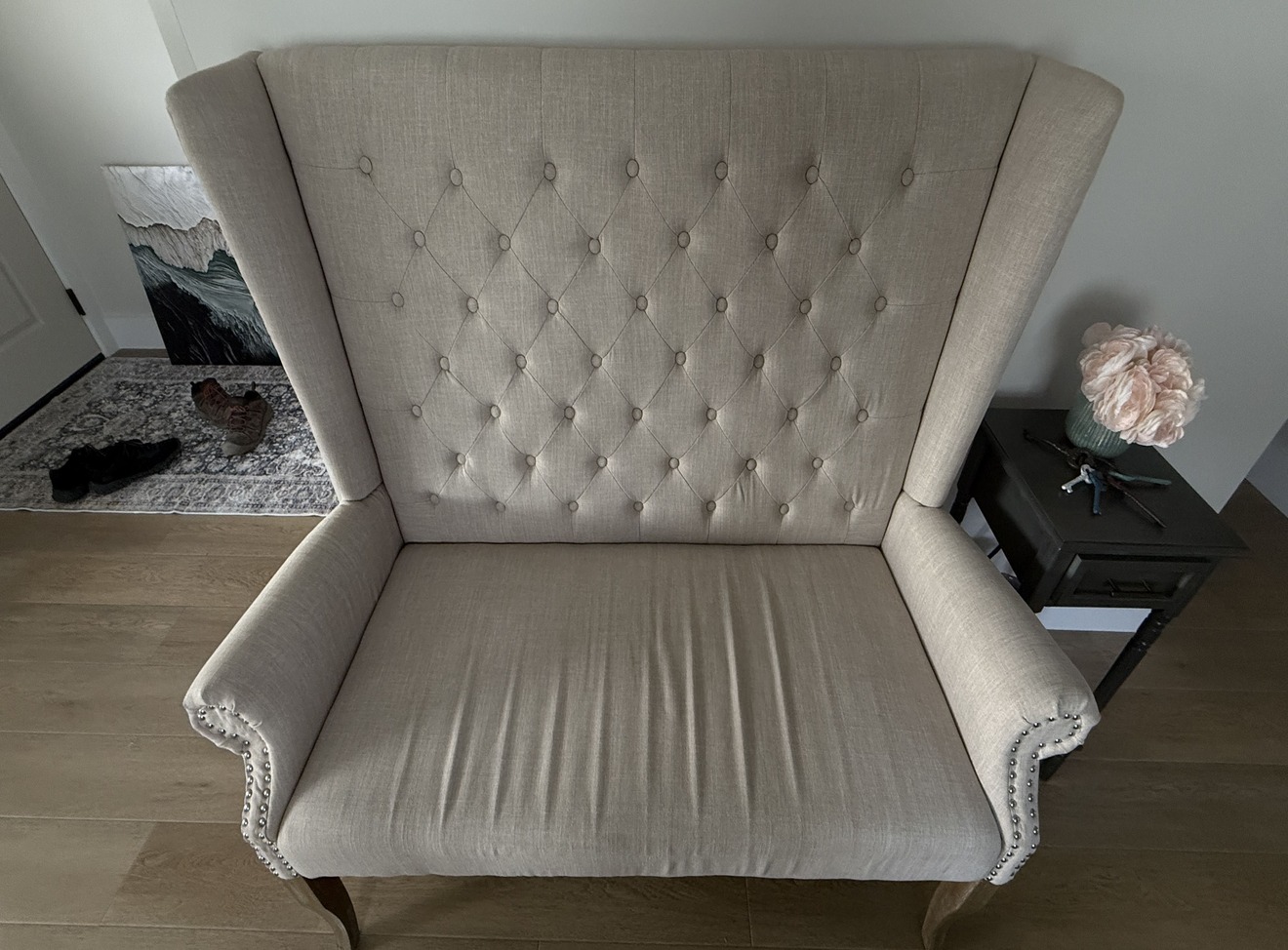 Loveseat seat cushion after cleaning - fabric clean and even in colour throughout