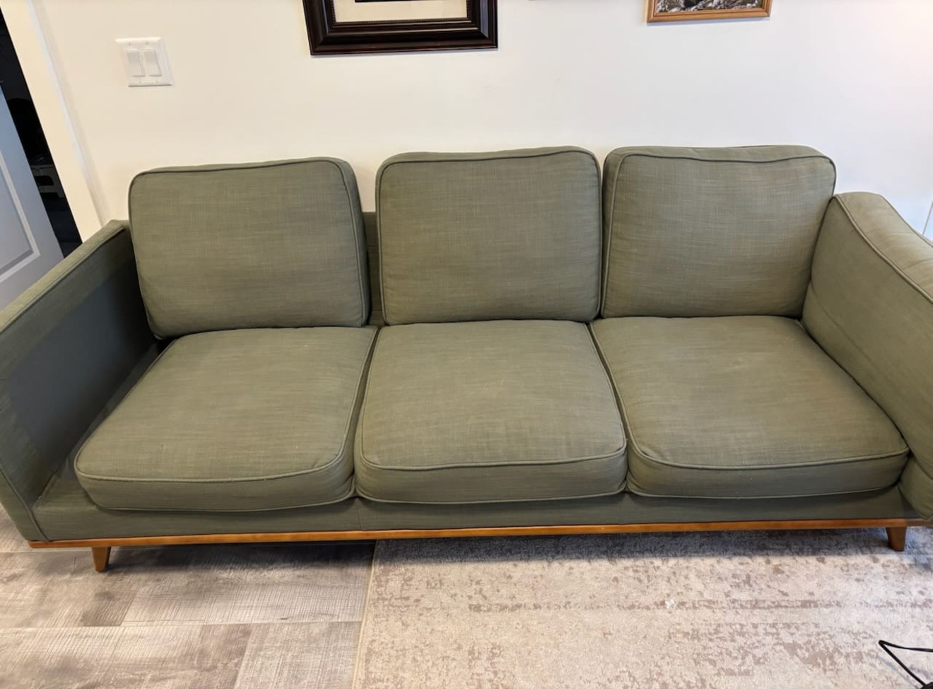 Clean fabric sofa after professional upholstery cleaning - no staining, consistent colour throughout - BreezeCo Kelowna