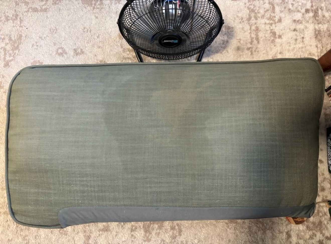 Fabric sofa mid-clean showing soup stain and air mover during drying — BreezeCo Kelowna