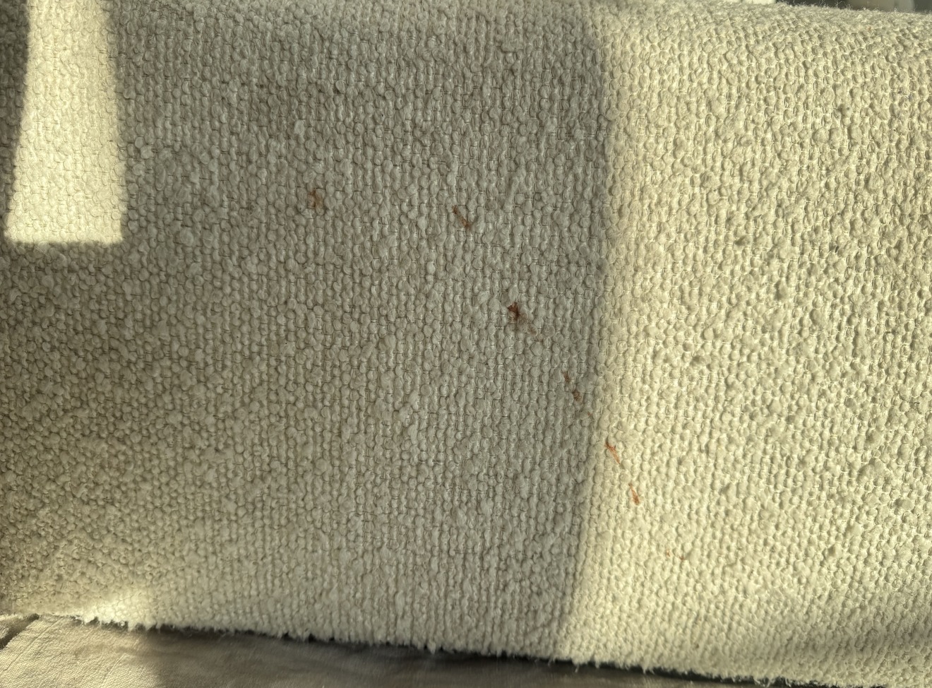 Cream bouclé sofa cushion with brown stains before professional upholstery cleaning in KelownaCream bouclé sofa cushion with brown stains before professional upholstery cleaning in Kelowna